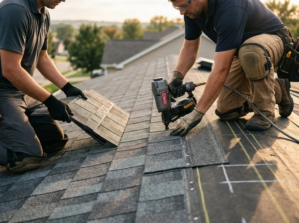 Professional roofer working on a residential roof in Whispering Pines